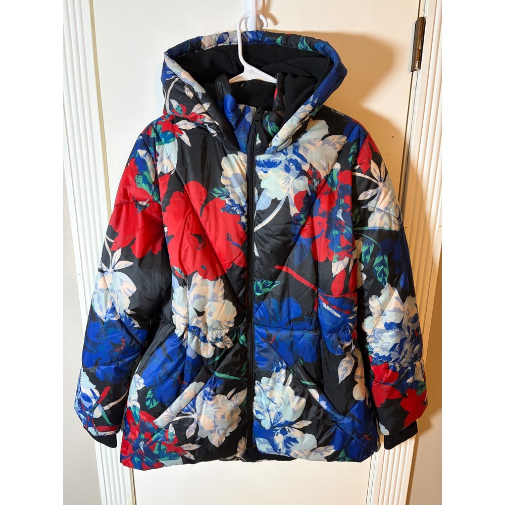 Floral Puffer Jacket with Fleece Lined Hood and Thumbhole Cuffs Black Red Blue